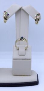 14K Yellow Gold Cubic Zirconia CZ Ruby Emerald Gemstone Ring Earring Set S-6.75