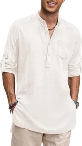 M Size COOFANDY Men's Linen Henley Shirts Long Sleeve Collarless T-Shirts - Picture 1 of 5