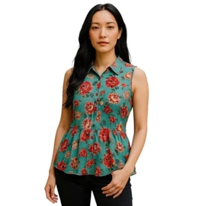 Xhiliration Women Blouse Blouse Top Size Large Green Floral Sleeveless Button Up - Picture 1 of 11