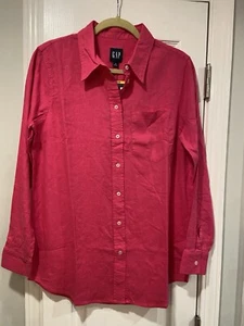 NWT Gap Size M Hot Pink Linen Blend Button Down Collared Shirt Soft Breathable - Picture 1 of 12