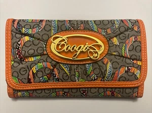 Coogi Tri-Fold Wallet Snap Gold Logo Colorful Orange Purse - Excellent Condition - Picture 1 of 7