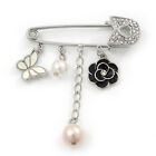 'Flower, Butterfly & Simulated Pearl Bead' Swarovski Crystal Safety Pin Brooch