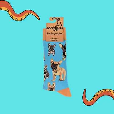 SOCTOPUS Frenchie Dog Socks Ladies Womens 4-8 Small French Bulldog Gift Blue New