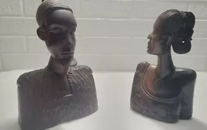 Lot Of 2 Vintage Handcarved wooden bust sculpture African black female /Male! - Picture 1 of 9