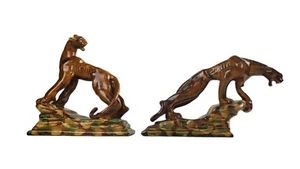 MCM Royal Haeger Prowling Panthers Pair Crackle Spotted Glazed Ceramic Pottery - Bild 1 von 7