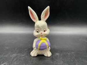 Vtg Ceramic Easter Bunny Figurine Holding Egg Trinket Box 7” T *Glaze Chips - Picture 1 of 13