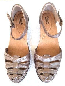 Clarks Collection Womens Shoes 9M Pewter Gray Rip Tape Ankle Strap 1.5in Heel - Picture 1 of 9