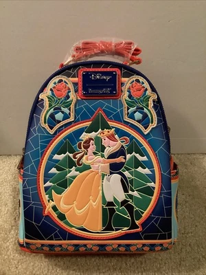 LOUNGEFLY DISNEY B & B STAINED GLASS ROSES MINI BACKPACK ~ WITH TAGS~ BRAND NEW - Image 1 of 4