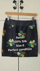 Reiss Midi Skirt Womens Navy 100% Silk Size 6 Spring Summer Floral - Picture 1 of 8