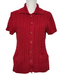 LL Bean Womens L Cable Knit Cardigan Sweater 100% Cotton Red Short Sleeve - Picture 1 of 6