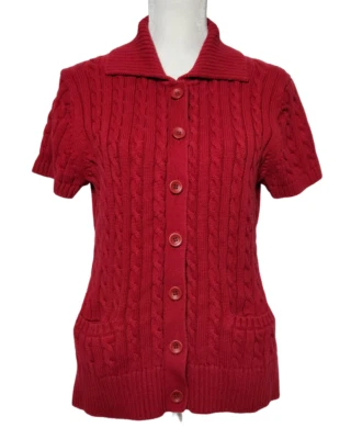 LL Bean Womens L Cable Knit Cardigan Sweater 100% Cotton Red Short Sleeve - Image 1 of 4