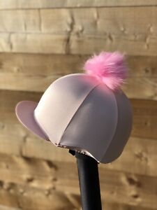 Horse Riding Hat Silk Cover pink  with Choice  Faux Fur Pompom Skull Cap Cover