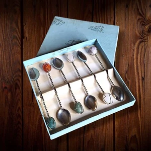 Vintage Sylmar Brasil Gem Stone Demitasse Spoons Set of 6 In Original Box  - Picture 1 of 6