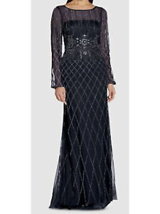 ADRIANNA PAPELL Womens Navy Lined Illusion Long Sleeve Full-Length Gown Dress 0