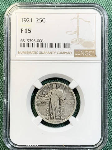 NGC 1921 F15 Standing Liberty U.S. Quarter Dollar 25c Silver Coin Cover