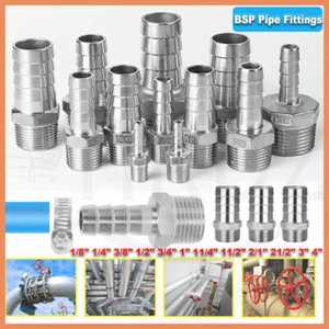 BSP Male Thread Pipe Fittings 1/8" - 4" Barb Hose Tail Connector Stainless Steel - Picture 1 of 81