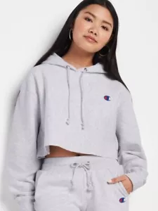 Champion Women's Reverse Weave Cropped Cut Off Hood C Logo GFS Silver Grey WL659 - Picture 1 of 11