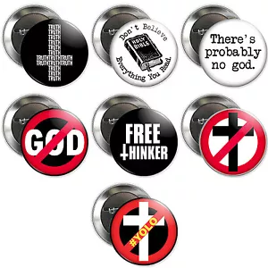 ATHEIST BUTTONS skeptic no god anti-religion inverted cross darwin badges truth - Foto 1 di 17