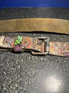 Womens Vintage Painted Leather Belt Graffiti Art Size 34 Heavy Chrome Buckle - Picture 1 of 14