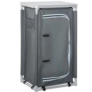 Outsunny Outdoor 3-shelf Camping Cupboard Kitchen Station Cook Table Grey - Picture 1 of 11