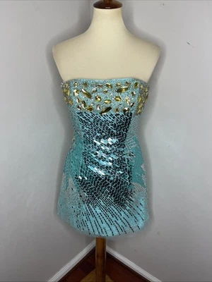 Nuevo Mini Vestido Sherri Hill Azul Con Cuentas Lentejuelas Sin Tirantes Talla 6 Foto 1 de 4