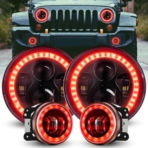 RED 7" LED Halo Headlights 4" Fog DRL Combo Kit For Jeep Wrangler JK JKU 2007+ - Picture 1 of 16