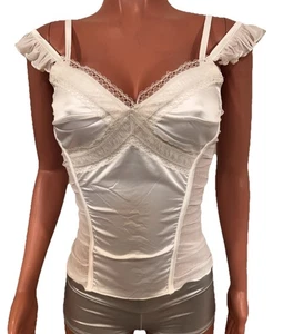 White Satin Stretchy Y2K Vintage Mesh inserts Off Shoulders Ruffle tank Cami Top - Picture 1 of 3
