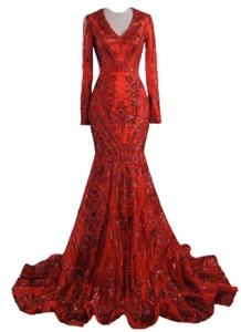 Women's Long Sleeve V-Neck Sequined Mermaid Evening Dress Size 16 Red New T2394 - Picture 1 of 18