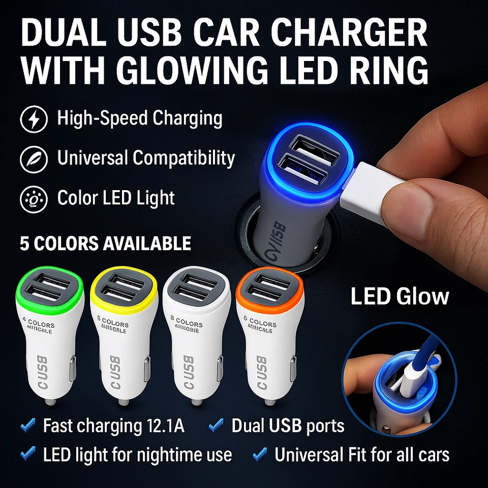 Adaptador USB para Auto con Luz LED Nocturna de Alta Velocidad iPhone Samsung - Image 1 of 4