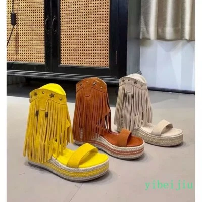 Women's Rivet Studded Roman Gladiator Summer Ankle Boots Tassel Sandals Tasseled - Image 1 of 4