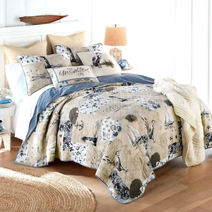 Donna Sharp Seascape 3 -Pc Queen Quilt Set Cotton Nautical Coastal Shore Beach - Picture 1 of 3