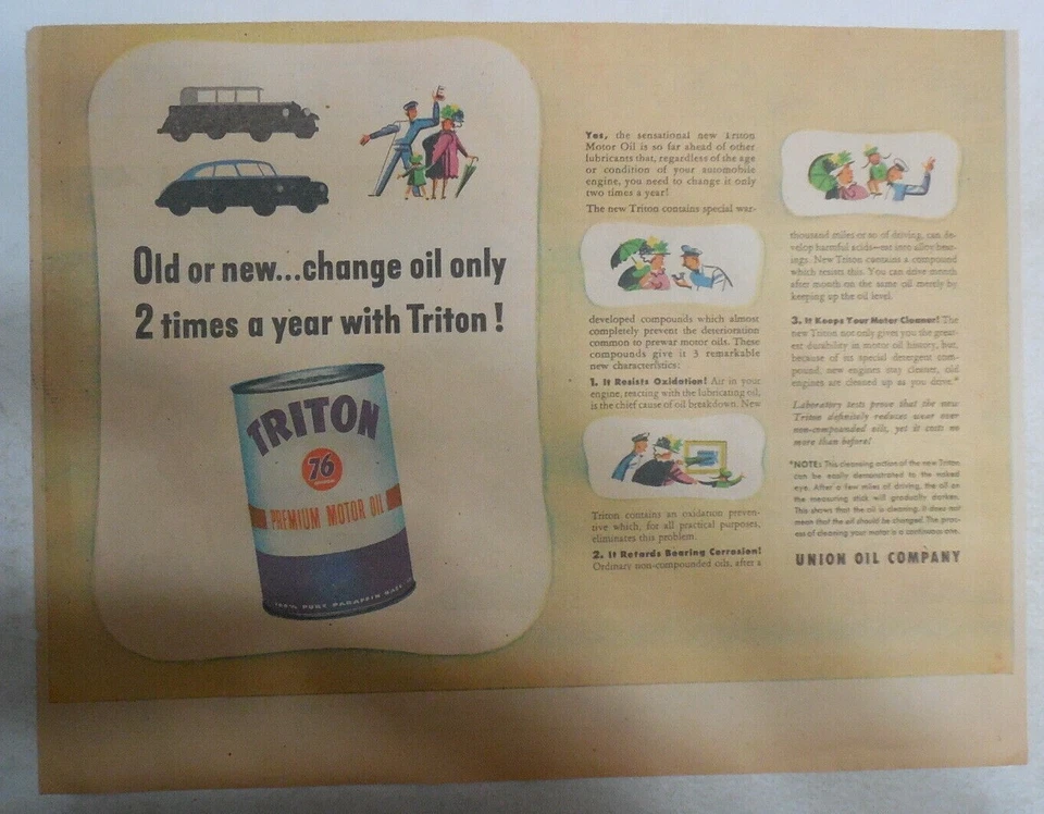 Union Oil 76 Ad: Change Oil Twice a Year With Triton! 1946 Size: 11 x 15 Inches - Image 1 of 1