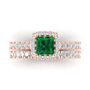 1.56 ctw 14K Wedding Set for Women | Simulated Emerald Ring and Wedding Band - Picture 1 of 5