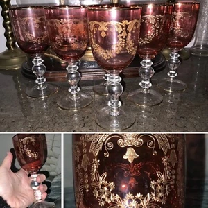 👀Antique PAIR MOSER CZECH ruby WINE glasses NEEDLE Engraved gilded knop stem 7” - Picture 1 of 13