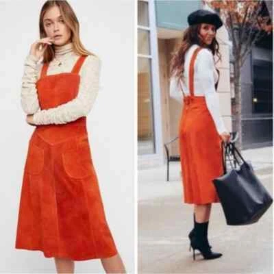 Free People Orange Suede Apron Midi Dress Size 4 - Image 1 of 4