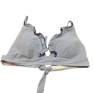 J CREW BIKINI TOP XXL RUFFLE FRENCH BLUE WHITE STRIPE SEERSUCKER RIC RAC TRIM - Picture 1 of 7