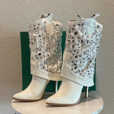 NWT Lauren Lorraine 8.5 Hana White Rhinestone Stiletto Heel Cowboy Boots - Image 1 of 4