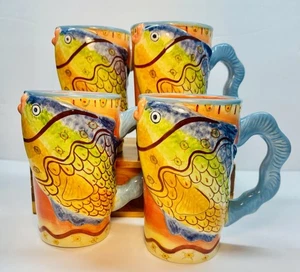 4 geprägte Fischbecher Bella Casa Ganz Keramik groß Tee Kaffee Küste Strand Set - Bild 1 von 12