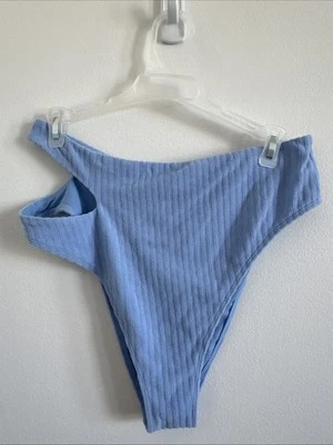 Calcinha de biquíni Abercrombie & Fitch bebê azul atrevida tamanho G tecido felpudo cintura alta  - Imagem 1 de 4