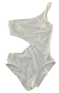 Einfarbig & gestreift elfenbeinfarben One Shoulder offener Bauch Einteiler Badeanzug Large - Bild 1 von 6