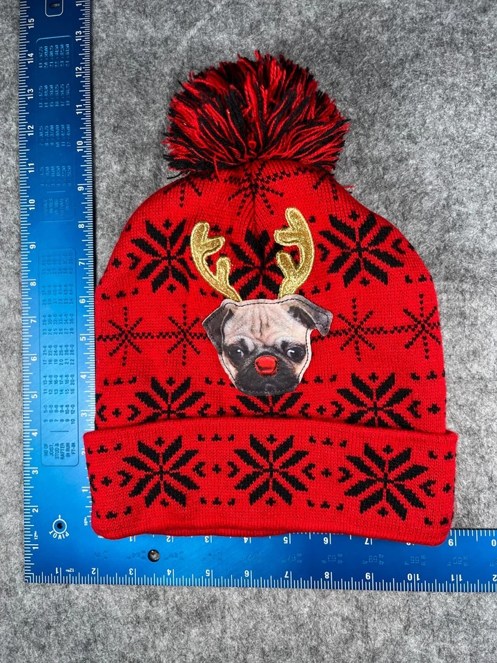 Pug Reindeer Beanie Toque Adult One Size Red Fair Isle Knit Acrylic Snow Ski Pom - Image 1 of 4