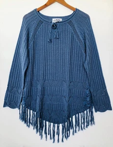 Back In The Saddle Women Sweater Blue  L Open Knit Lace Fringe Keyhole Tie Neck - Picture 1 of 12