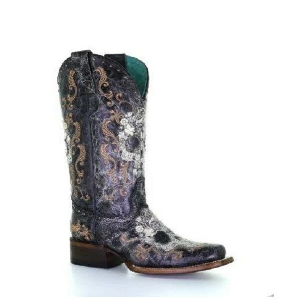 Corral Western Boots Womens 12" Cowboy Heel Skull 8.5 M Black Z5005