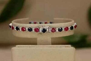 8 Ct Round Lab Created Pink Ruby and Blue Sapphire Tennis Bracelet 7" 925 Silver - Picture 1 of 9