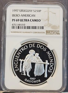 1997 URUGUAY SILVER 250 PESOS IBERO AMERICAN GAUCHOS NGC PF 69 ULTRA CAMEO  - Picture 1 of 3