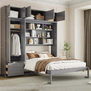 Queen Size Wall Murphy Bed with Top Cabinet,Shelves  and  Wardrobe, Space Saving - Picture 1 of 12