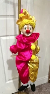 String Marionette Clown Pink Yellow Outfit Puppet on Swing Porcelain Face 29" - Picture 1 of 8