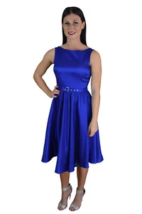 Women’s Vintage Classic Style Blue Satin Flared Skirt Party Dress, All Sizes - Picture 1 of 5