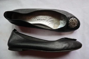 Black Leather BRIGHTON Aleta Flats w/Large Silver Metal Accent 11 - Picture 1 of 7