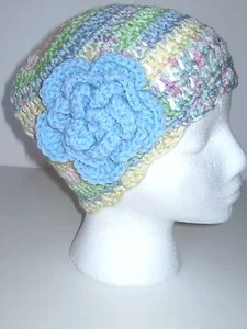 GIRLS MULTI PASTELS FLOWER CROCHET HAT HOMEMADE BEANIE CLOCHE TAM NICE VERY CUTE - Picture 1 of 4